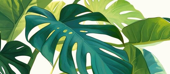 Poster - Close up view of a stunning Monstera leaf against a white background presented in a flat lay style