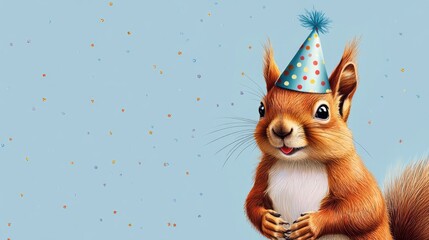 Festive birthday and New Year s celebration banner featuring a cheerful red squirrel in a party hat presented against a playful blue background