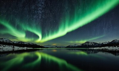orthern lights aurora borealis in the night sky over beautiful lake landscape