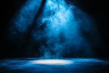 Fototapete - Blue smoke and spotlight on a dark background.