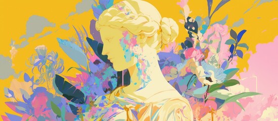 Poster - Artwork featuring a sculpture within a floral setting showcasing vibrant colors and artistic design