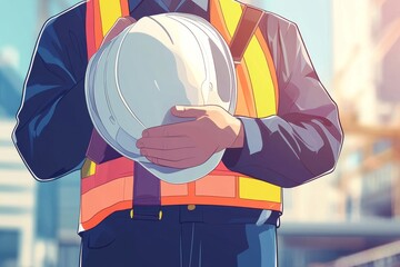 Poster - A construction worker holds a hard hat in front of a city skyline.