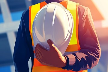 Poster - A construction worker holding a hard hat in front of a blurred background.