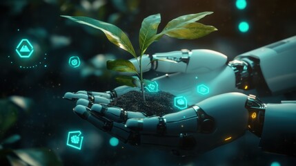 Robot hands gently cradling a small plant with glowing environment icons around, symbolizing