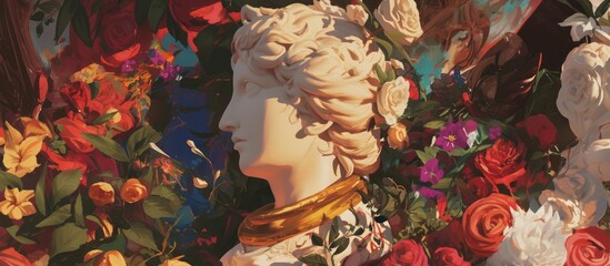 Poster - Artwork featuring a sculpture within a floral setting showcasing vibrant colors and artistic design