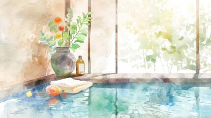 Sticker - A vase with flowers and a bottle of lotion sits on a bathtub. The flowers are yellow and red, and the vase is brown