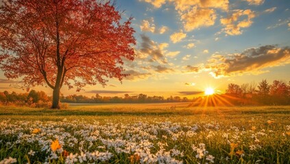 Wall Mural - golden sunset over a field of white wildflowers with a large tree in the foreground.