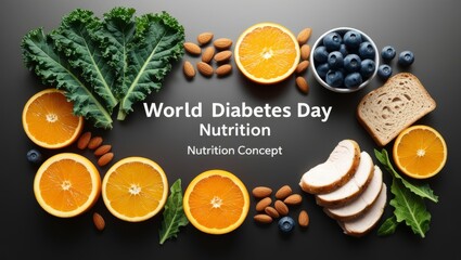 World Diabetes Day nutrition concept, Healthy foods arranged on a black background for balanced diet