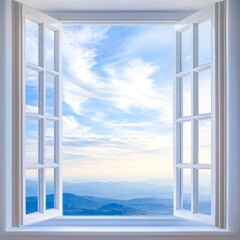 A scenic view through open windows frames a breathtaking landscape of mountains and blue skies, perfect for themes of freedom, serenity, or nature in indoor settings, Ideal for travel, wellness