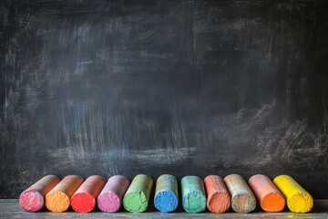 Aufkleber - Colorful chalks arranged in front of a black chalkboard.