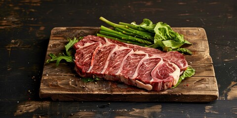 Grilled dry-aged Wagyu ribeye steak served with lettuce and green asparagus on a rustic wooden cutting board.