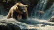 © Business Pics - Bear Fishing in the Wild, Document a bear standing in a rushing river, focused on catching a leaping salmon, illustrating its natural hunting instincts