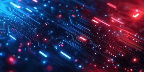 Information technology and cybersecurity With digitally integrated network technologies on a red and blue backdrop.