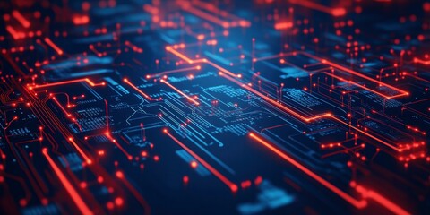 Information technology and cybersecurity With digitally integrated network technologies on a red and blue backdrop.
