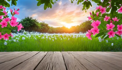 Idyllic summer landscape with blooming wildflowers under a blue sky, featuring a scenic meadow bathed in soft morning light and vibrant cloud formations.