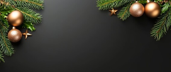 In this festive website header template, Christmas tree branches are decorated with cooper stars and balls on a black background. The mockup is flat lay, top view, with copy space below.