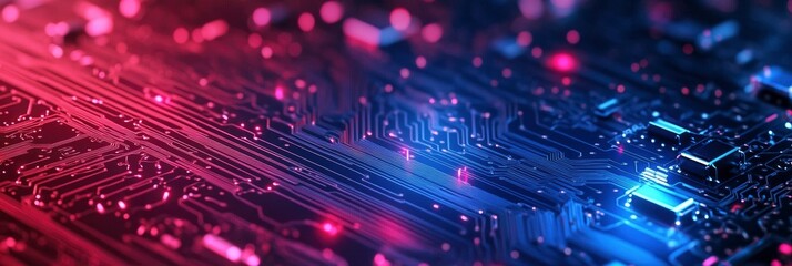 Information technology and cybersecurity With digitally integrated network technologies on a red and blue backdrop.