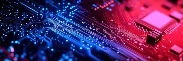 Information technology and cybersecurity With digitally integrated network technologies on a red and blue backdrop.