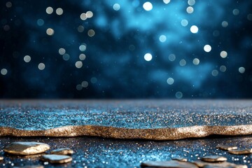 Wall Mural - glitter lights in gold, blue, and black on a black background.