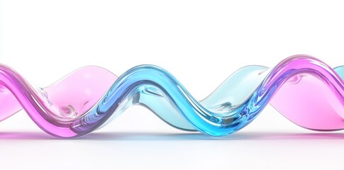 Poster - A curved abstract 3D glass wave with iridescent ribbons. It has a flowing fluid geometric element with refraction gradient.