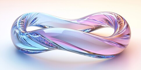 Poster - 3D glass abstract curved futuristic wave. Transparent iridescent ribbon shape. Modern flowing geometric element with refraction gradient. 3D rendering.