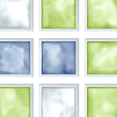 Poster - The seamless pattern background is textured with abstract watercolor geometric shapes on a white background. The color scheme is soft pastel green and blue.
