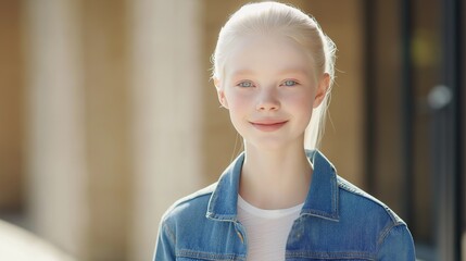 Canvas Print - Teenage Albino Girl in Confident Pose Wearing Denim Jacket Standing Outdoors on Sunny Day