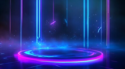 Poster - A vibrant, glowing abstract background with neon lights and a circular platform, perfect for futuristic designs.