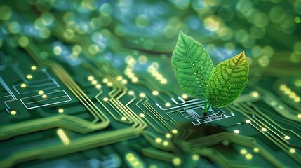 Poster - sprout with two green leaves emerges from a circuit board, representing the intersection of nature a