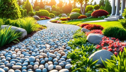 Wall Mural - Serene garden stone walkway bathed in sunlight, showcasing vibrant blooms and ornamental foliage for relaxation and exercise in a peaceful springtime park setting