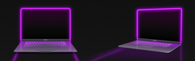 Poster - Laptop mockup with purple neon frame around screen on dark transparent background in two angles of view - front and side. Realistic 3d vector set of portable computer template with led light.