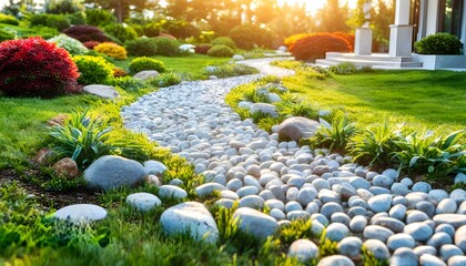 Wall Mural - Serene garden stone walkway bathed in sunlight, showcasing vibrant blooms and ornamental foliage for relaxation and exercise in a peaceful springtime park setting