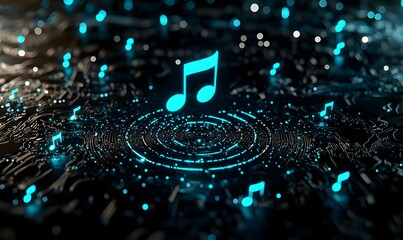 Poster - Melodic Fusion, a vibrant composition of musical notes intertwining with digital elements, creating a dynamic visual symphony.
