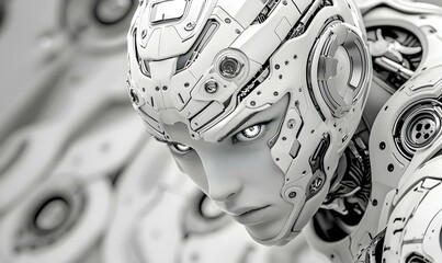 Poster - Mechanical entity with human-like eyes, set against an industrial backdrop, embodying the fusion of technology and humanity.