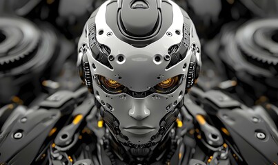 Poster - Mechanical entity with human-like eyes, positioned within a futuristic setting, blending technology and humanity in a thought-provoking manner.