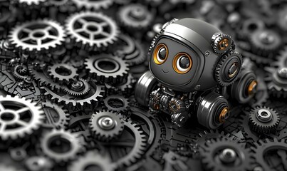 Poster - Mechanical robot with human-like eyes, intricate design, surrounded by futuristic technology, blending artificial intelligence and humanity.