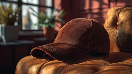 Brown Velvet Baseball Cap on a Leather Couch