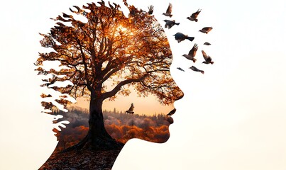 Woman with a tree emerging from her head, symbolizing growth and connection to nature, vibrant colors, serene expression, imaginative concept.