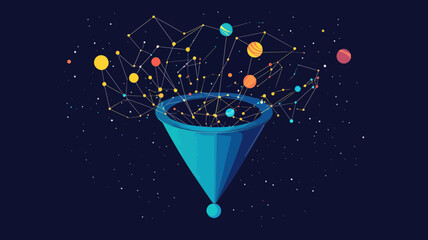 Poster - Abstract Starry Sky Funnel with Planets and Stars for Big Data or Sales Funnel Concept, Vector Minimalist Space Illustration