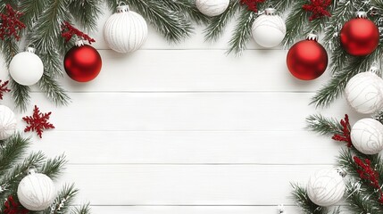 Wall Mural - festive christmas arrangement with fir branches and red and white baubles on white wooden background