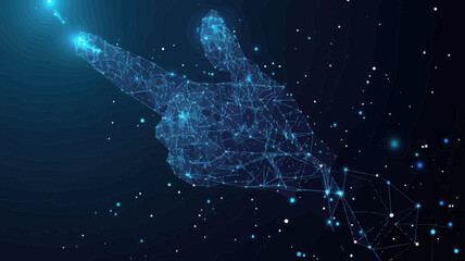 Poster - Futuristic Low Poly Wireframe Hand Touching the Future in Starry Sky, Vector Polygonal Illustration for Technological and Innovative Concepts