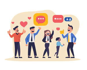 Poster - Business Team Managing Social Media Engagement - Positive Interactions, Communication, Happy People with Thumbs Up, Love, Speech Bubble in Flat Minimalist SVG Vector