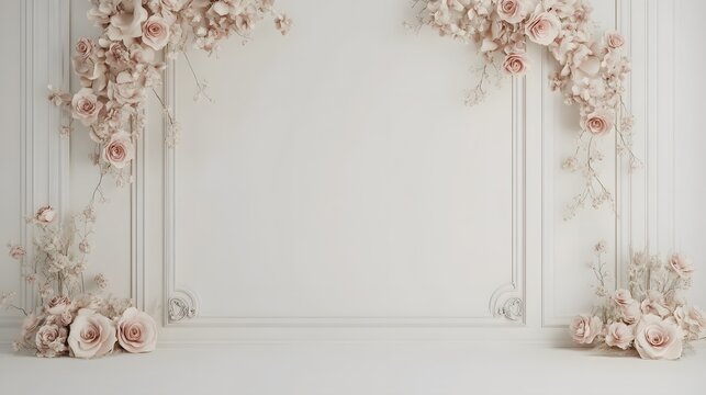 3D rendering of a white wall with floral decoration for a wedding photo studio background