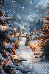 Wall Mural - A snowy town with a Christmas tree in the foreground