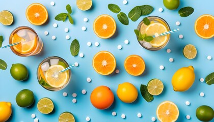 Wall Mural - Refreshing homemade lemonade with ice and fresh lemons on vibrant green background, perfect summer drink for a cool and healthy citrus boost