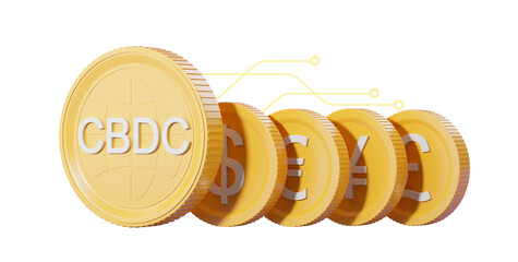 Poster - Digital currency coins representing CBDC, dollar, euro, yen, and pound symbols on a white background. 3D Rendering
