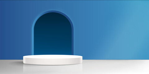Poster - White cylinder product podium on floor of studio room with arch window in blue wall. Realistic 3d vector illustration of goods display mockup with arc hole. Template of empty minimalistic platform.