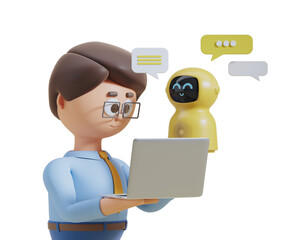 Poster - Animated man with laptop and chat bubbles with a smiling robot on a white background. Concept of communication technology. 3D Rendering