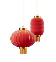Poster - Two red and gold Chinese lanterns hanging, isolated on a white background. 3D rendering. Concept of traditional Asian decoration