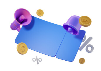 Poster - Promotional banner with megaphone, bell, dollar coins, and percentage sign on white background. 3D rendering